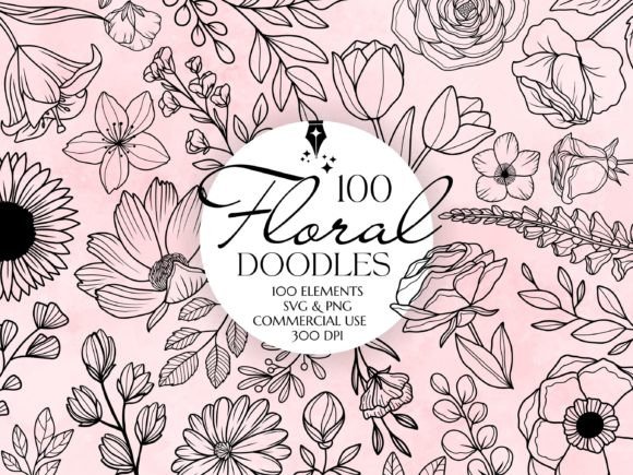 100 Floral Doodles Sett: Graphics and Illustrations for Digital Sellers