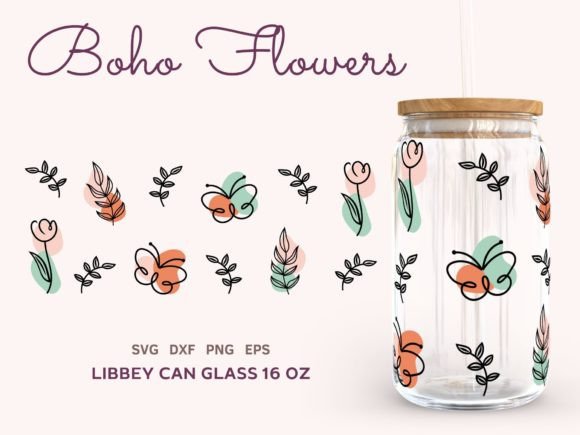 Floral Butterfly SVG Can Glass 16oz Graphics and Illustrations