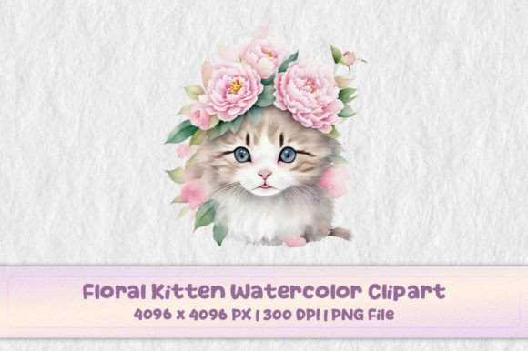 Floral Kitten Watercolor Clipart for Graphics and Illustrations