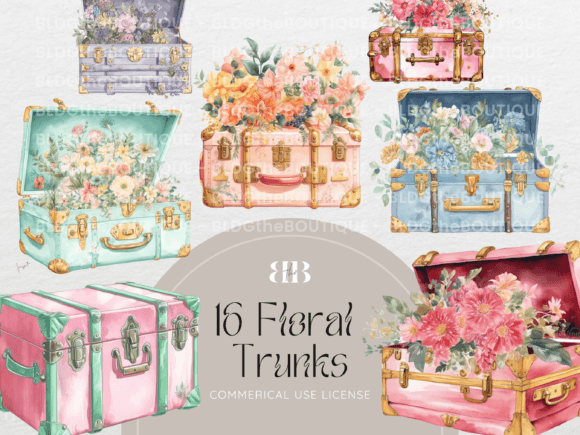 Floral Vintage Trunk Party Clipart PNG Graphics and Illustrations