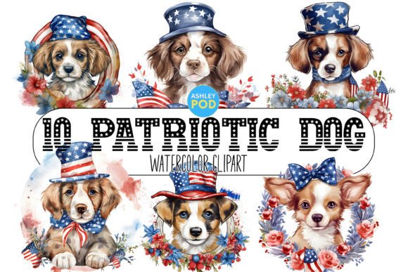 Patriotic Floral Dogs Clipart July 4th Graphics and Illustrations