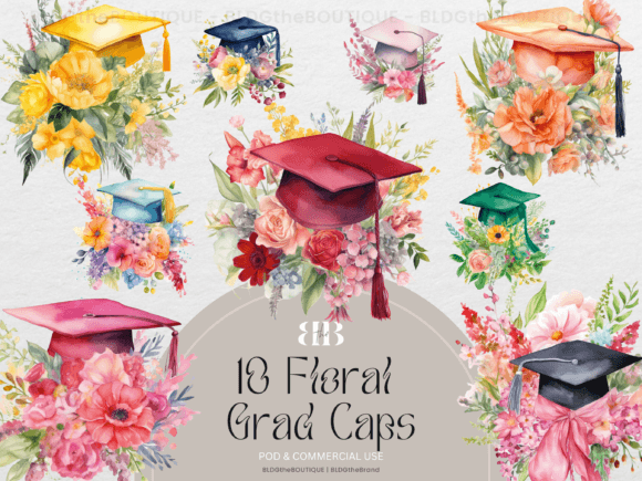 Watercolor Floral Grad Cap Clipart PNGs Graphics and Illustrations Review