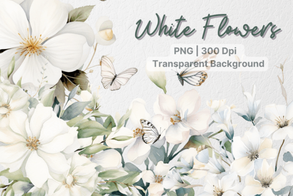 White Flowers Clipart, Watercolor Floral Graphics and Illustrations